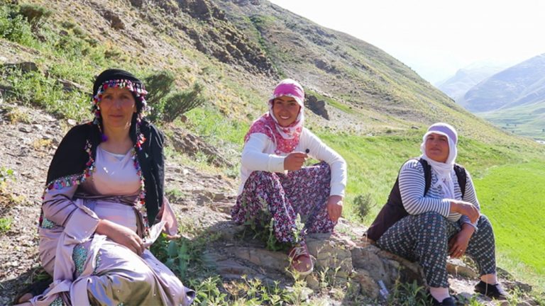 Three women Dengbejs sing traditional Kurdish songs on top of a mountain plateau