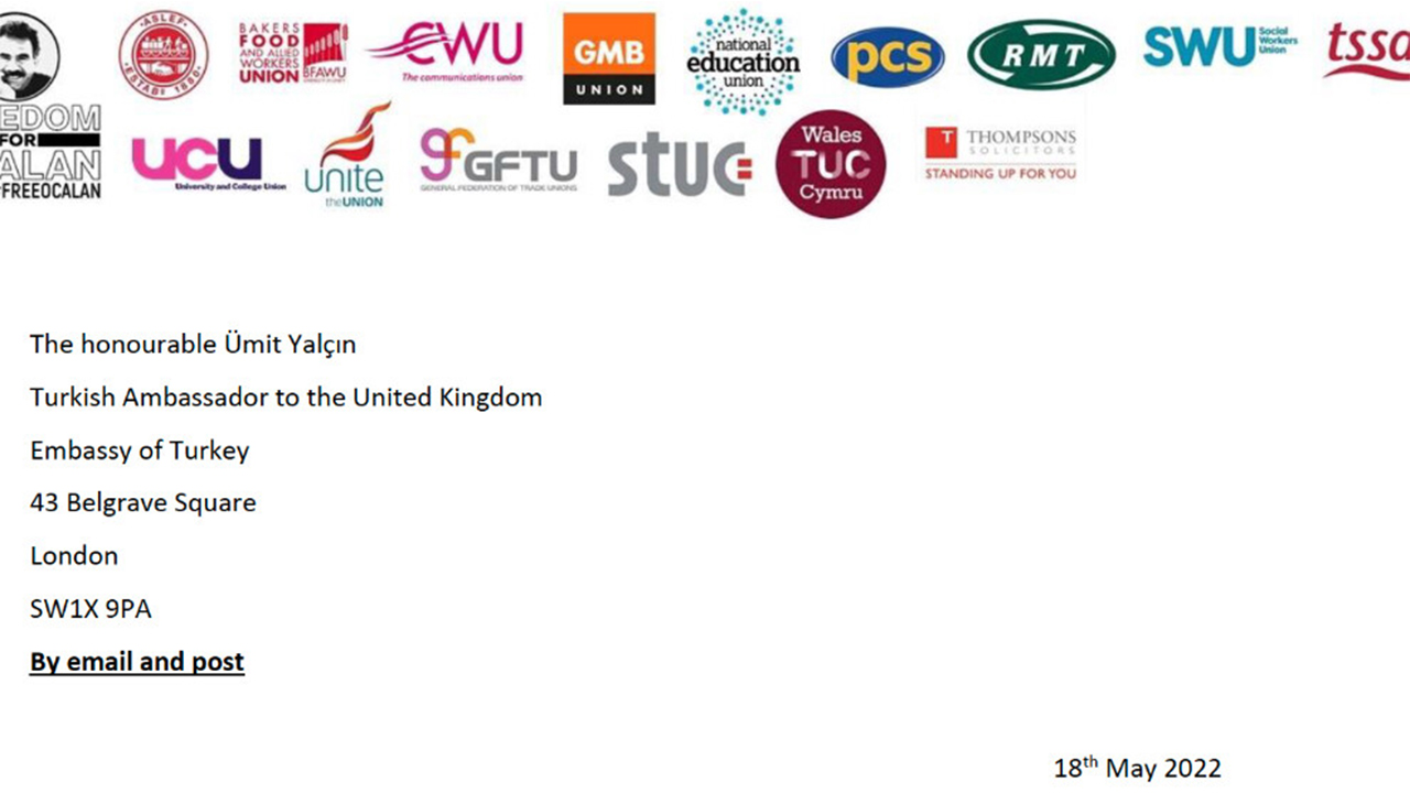 General Secretaries of British trade unions send letter to Turkish Ambassador to UK