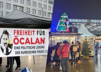 Berlin activists illuminate Christmas market with call for Öcalan’s freedom, Kurdish resolution