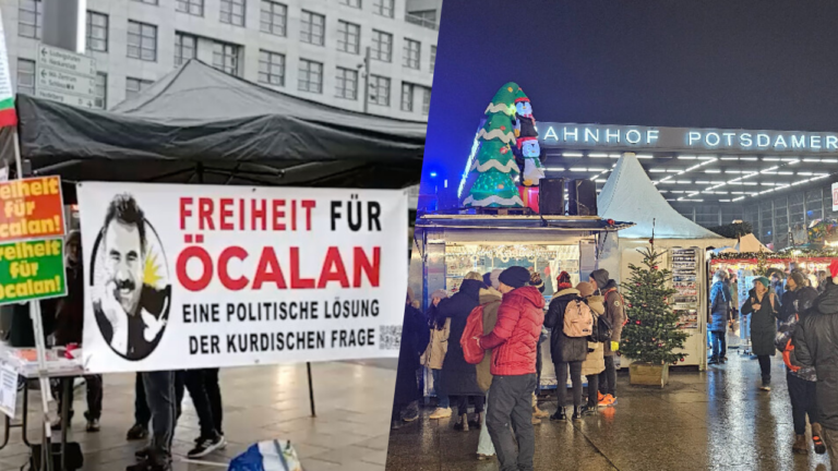Berlin activists illuminate Christmas market with call for Öcalan’s freedom, Kurdish resolution