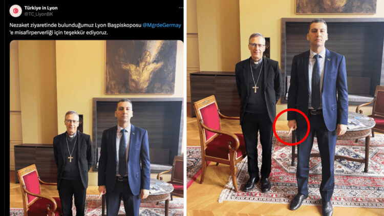 Turkish diplomat deletes photo after making jihadist gesture during Archbishop visit