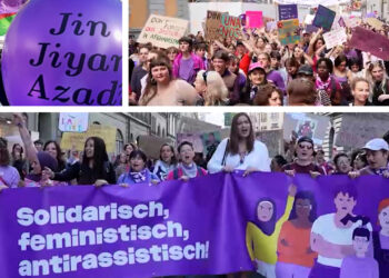 Swiss women demonstrators chant “Jin, Jiyan, Azadî” in call for gender equality