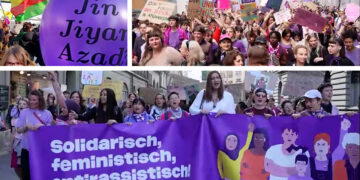 Swiss women demonstrators chant “Jin, Jiyan, Azadî” in call for gender equality