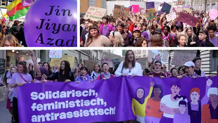 Swiss women demonstrators chant “Jin, Jiyan, Azadî” in call for gender equality